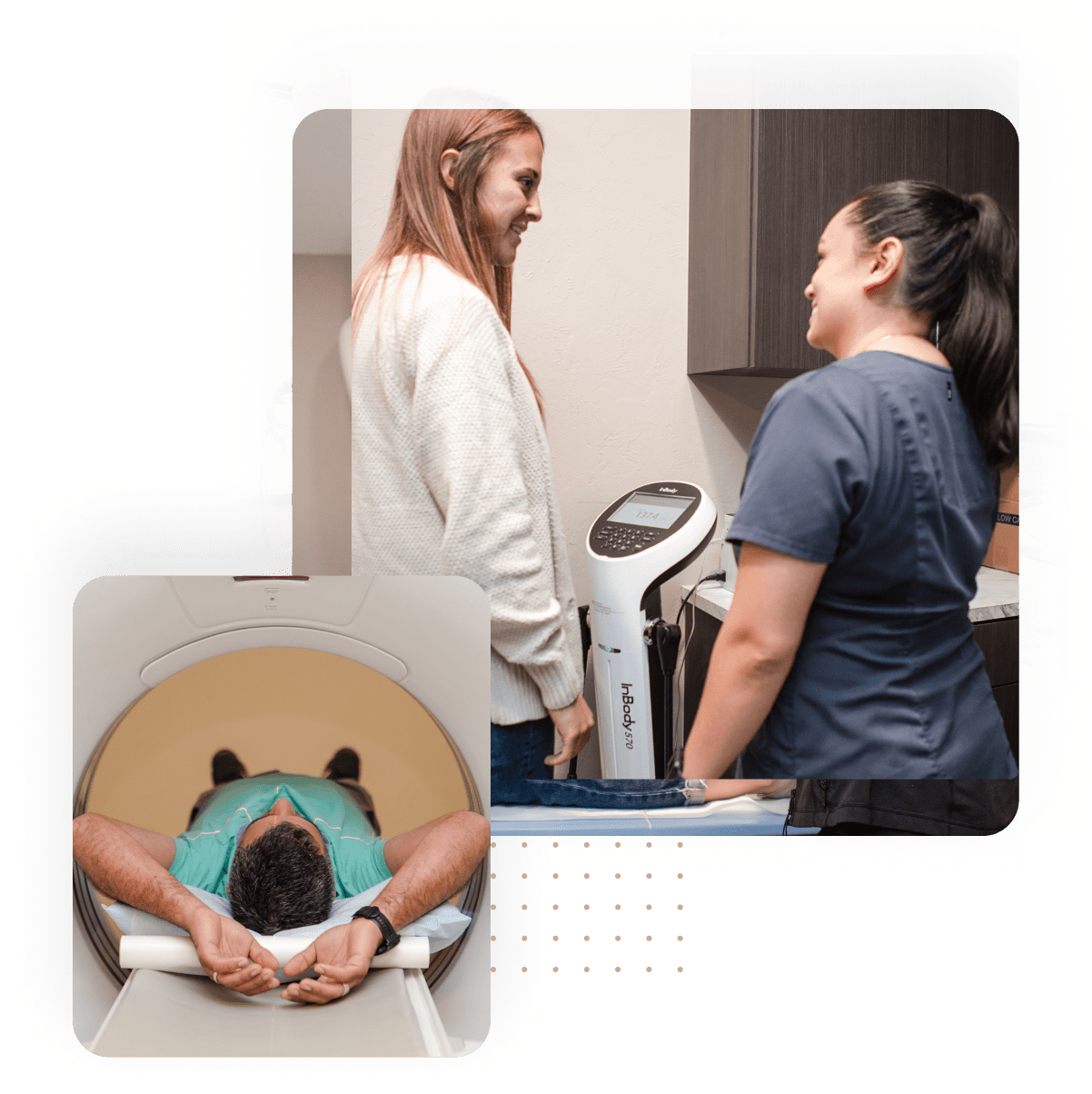 A healthcare professional discusses with a patient near a medical device, while an individual lies on a scanning table in a separate image.