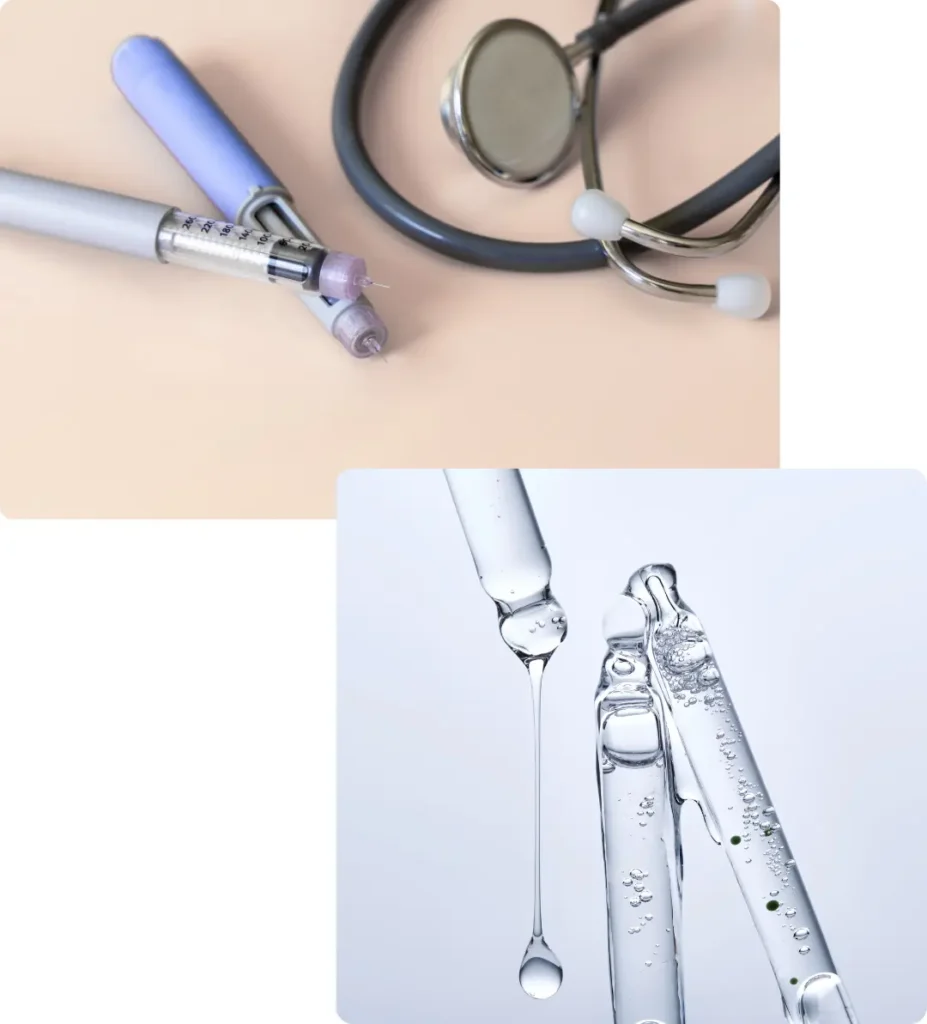 Close-up of injectable medication supplies used for GLP-1 weight management treatment, including a syringe, glass ampoules, and stethoscope.